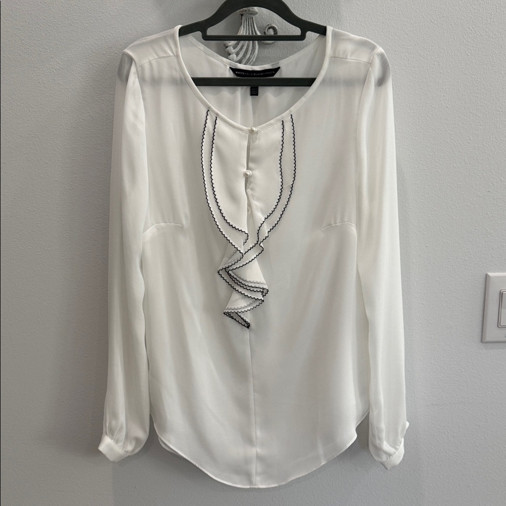 White House Black Market White Blouse with Ruffle Trim